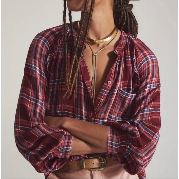 Pilcro Anthropologie Women Breezy Plaid Button Down Shirt XS Maroon Long Sleeve - Picture 2 of 10